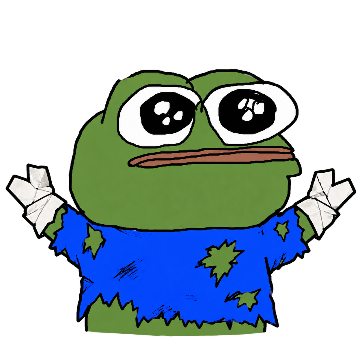 A terrified Pepe in a torn blue shirt, holding up two crumpled paper hands.